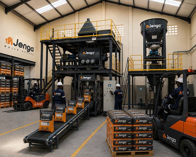 Inside the Jenga production facility — batching and mixing plant with palletised, bagged product ready for dispatch