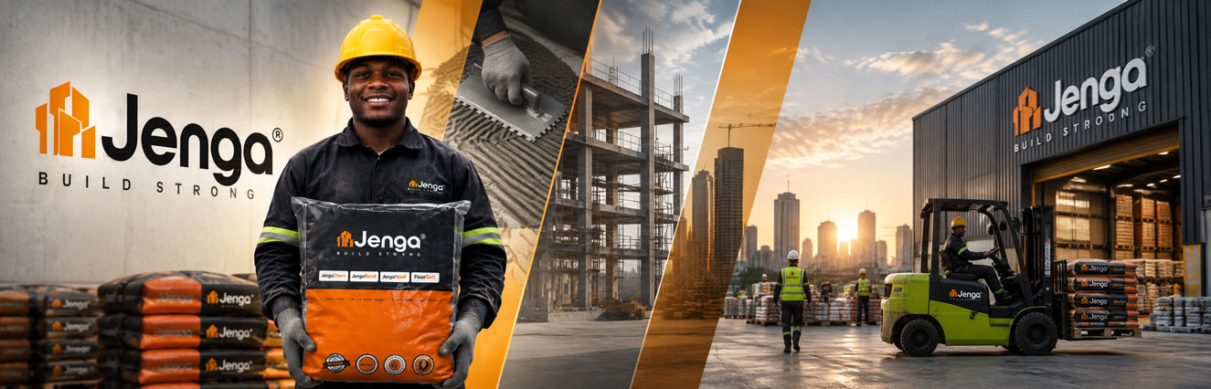 Jenga construction chemicals — product bags, tile application, a building under construction, and forklifts loading pallets at the Jenga warehouse
